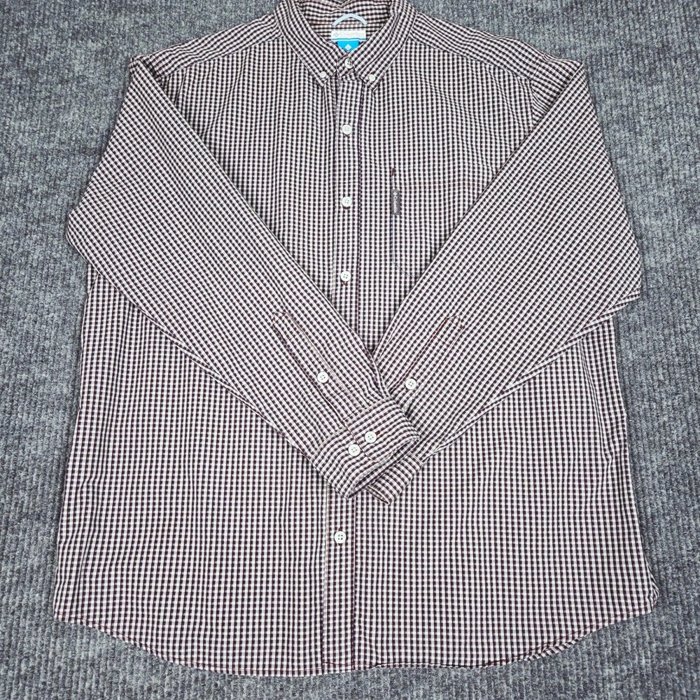 Columbia‎ Mens XL Gingham Button Down Shirt Burgundy Navy Cotton AM7148